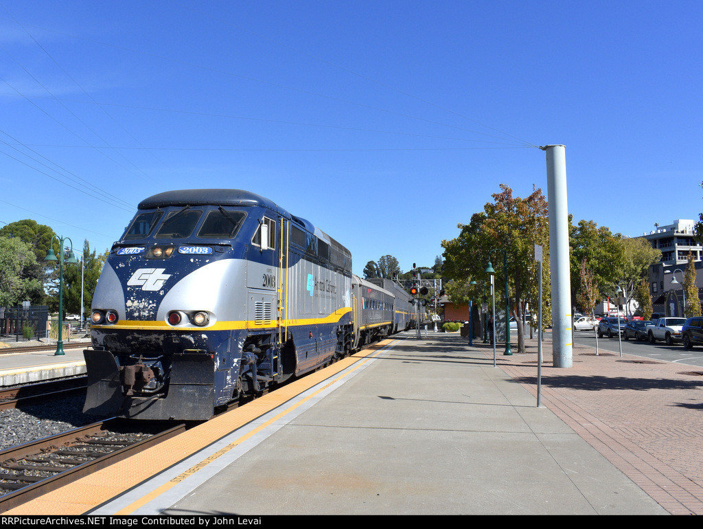 Amtrak Train # 713 arriving behind an F59PHI pulling an Ex-NJT Comet IB car and five California Bilevel Cars